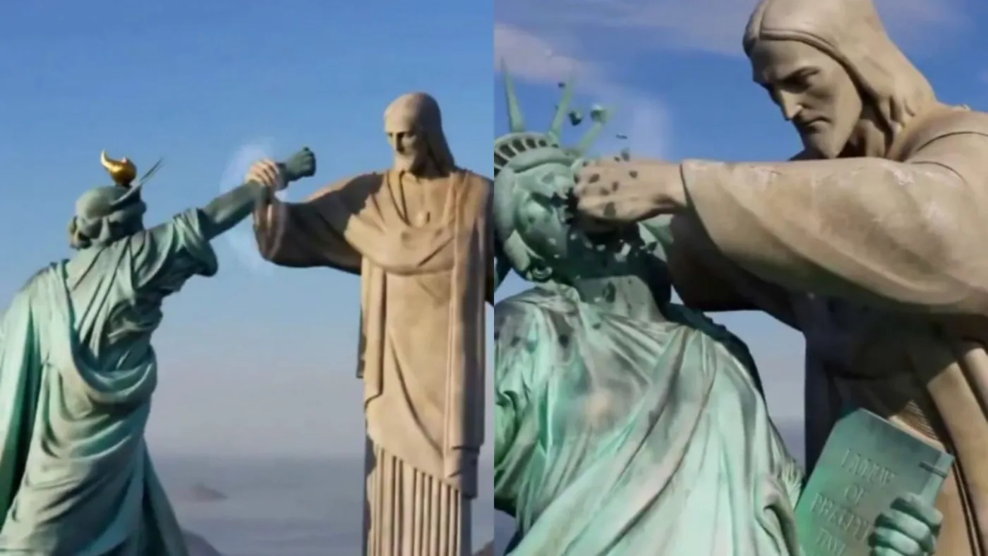 Embaixada do Irã publica vídeo em IA que mostra Cristo Redentor derrotando a Estátua da Liberdade